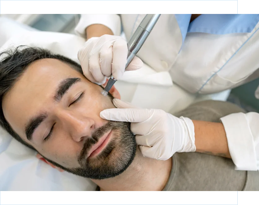 Explore your grooming and revitalization with our comprehensive range of services, including Men's Skin Renewal, Eye Power Lift + Tint, Alpha Brow Shaping, Man's Signature Facials, Power Microneedling + Revitalizing Peel for men's skincare.